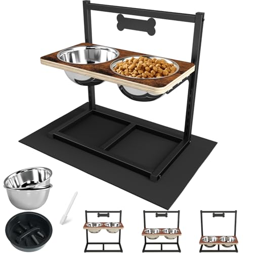 ADENGL Elevated Dog Bowls with Slow Feeder - 9 Heights Adjustable Raised Dog Bowl Stand with Two 1.7L Stainless Steel Dog Food Bowls & Slow Feeder and a Nonslip Pad, Perfect for Medium Large Breed - color: Black, Slow Feeder with Black Mat, size: Large Do