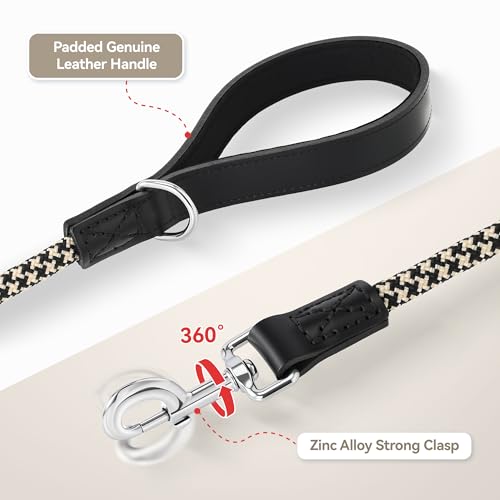 Mile High Life Leather Handle Dog Leash 6 FT/5 FT/4 FT, Soft Padded Handle Rope Leashes for Medium & Large Dogs Walking and Training (Black Khaki, 48 Inch) - color: Leather Handle-Black, size: 48 Inch-1/2"