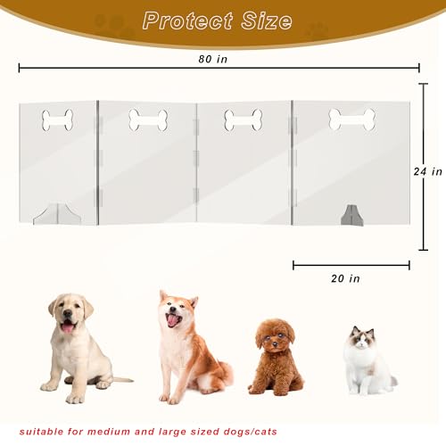 Clear Acrylic Dog Gate, 4 Panel 80" W x 24" H, Transparent Freestanding Pet Playpen Indoor, Foldable Pet Fence Barrier for Doorway with Handle/Support Feet - size: 4 Panel 80" W x 24" H