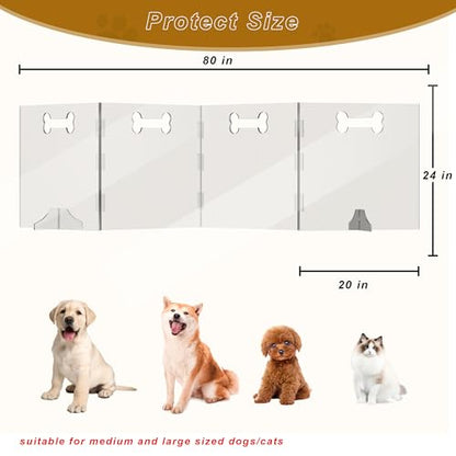 Clear Acrylic Dog Gate, 4 Panel 80" W x 24" H, Transparent Freestanding Pet Playpen Indoor, Foldable Pet Fence Barrier for Doorway with Handle/Support Feet - size: 4 Panel 80" W x 24" H