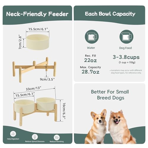 Havniva 6.1inch Ceramic Raised Dog Bowl with Stand, Double Dog Bowls Elevated for Small and Medium Breed Dog Food and Water Bowl Set Non-Slip Dog Dish Large Capacity Feeding Pet Water Bowl - color: 2 Bowls+Stand - Light Yellow, size: 6.1inch