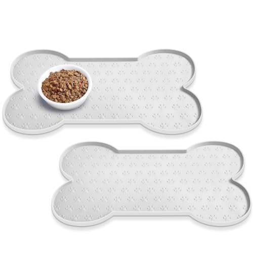 PWTAA Dog Food Mat Anti-Slip Silicone Dog Bowl Mat Thicker Pet Placemat Waterproof Cat Feeder Pad with Raised Edge Puppy Kitten Feeding Mats Suitable Small Medium-Sized Dogs Cats Eating Tray - 2PCS - color: White, size: 19.4" x 9.8"-2PCS