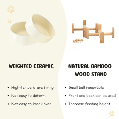 SPUNKYJUNKY 15° Slanted Ceramic Dog and Cat Bowl with Wooden Stand, Tilted Bulldog Food and Water Bowl No Slip Non-Spill for Cats Medium Dogs Big Face Pets 13.5 OZ (1.7 Cups, Beige × 2) - color: Beige, size: 1.7 CUPS × 2