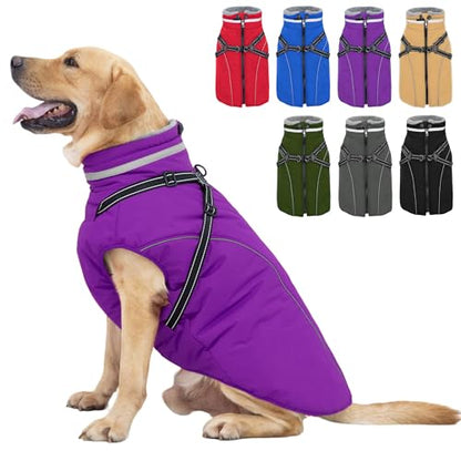 Fragralley Dog Coat with Harness Built in, Waterproof Windproof Reflective Warm Puffer Jacket, Fleece Lined Vest Winter Parka for Small, Medium, Large Dogs - color: Purple, size: Small
