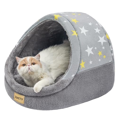 Jiupety Cute Cat Beds for Indoor Cats, Cat Cave Bed for Kittens, Large Cat Cave and Covered Cat Bed with Anti-Slip Bottom, Washable Removable Cushion, M(16"x16"x13"), Gray Star - color: Gray, size: Medium