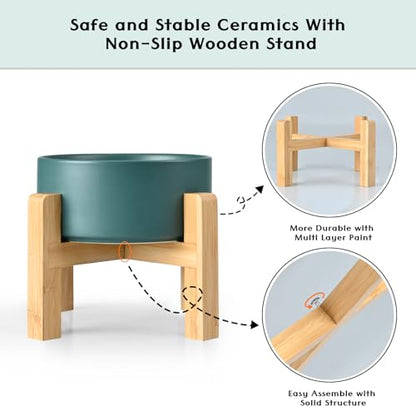 SPUNKYJUNKY Ceramic Elevated Dog Bowls 2 Pack - 8.3inch Raised Dog Bowls with Non-Slip Wooden Stand for Large Dogs Dishwasher Safe(Green,60OZ*2) - color: Green, size: Large - 7.6 CUPS*2
