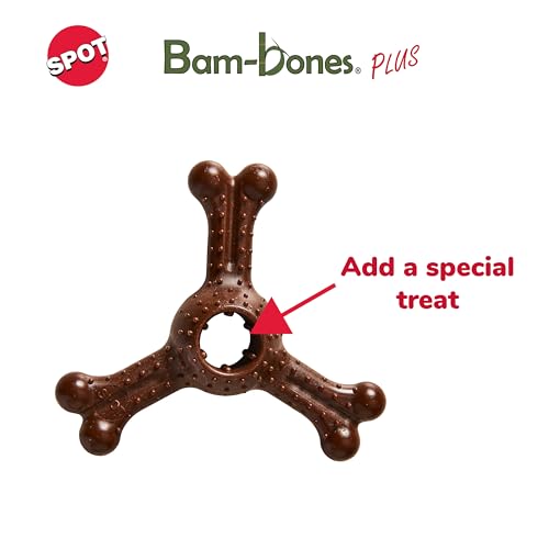 SPOT Bam-Bones Plus Triple Chew - Bamboo Fiber & Nylon, Durable Long Lasting Dog Toy for Aggressive Chewers – Great for Adult Dogs & Teething Puppies Under 30lbs, Non-Splintering, 4in, Bison Flavor - size: 4 in (2-Pack)