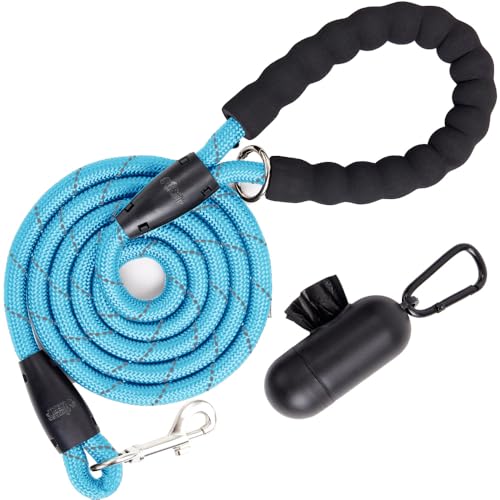 GORILLA GRIP Dog Leash, Heavy Duty Reflective Rope Leashes for 33lb Dogs, Cats, Small Animals, Puppy Training Essential for Walks, Hikes, Soft Handle, Rotating Metal Clip, Waste Bag Dispenser, Blue - color: Blue, size: 5 FT X 1/3 Inch (33lb)