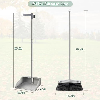 Metal Broom with Dustpan Combo Set-Long Handle Broom with Dustpan,Heavy Duty Standing Dust Pan & Soft Bristles Brooms,Indoor Outdoor Dust Pan Brooms for Home Office Lobby Floor - size: Dustpan and broom 36*35 in