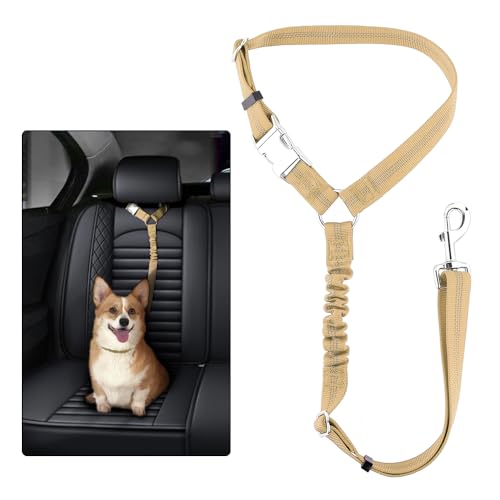 Plutus Pet Dog Seat Belt for Car Headrest, Reflective and Adjustable Restraint with Elastic Bungee for Safety, Vehicle Seatbelt Harness for Small Medium Large Dogs and Cats - color: Beige