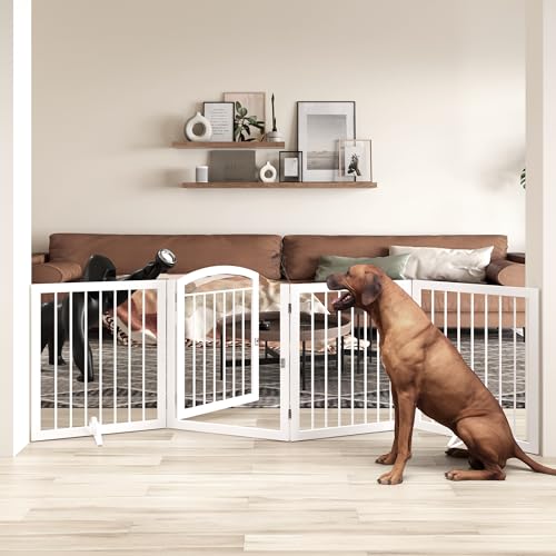 JSB 96-inch Extra Wide 30-inch Tall Dog gate with Door Walk Through, Freestanding Round Tube Pet Gate for Halls Stairs, Puppy Safety Dog Fence with 2PCS Support Feet (White) - color: Round Tube White, size: 96 x 30 inches