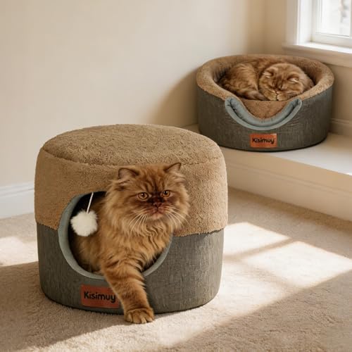 Cozy Cat Bed Cave for Indoor Cats,with Reversible Plush Cushion | 17.7"D x 13.8"H, 2-in-1 Convertible Kitten Bed, Hanging Cat Toys, Linen Fabric, Non-Slip, Small Dog Bed, Brown - color: Brown, size: M-1Pack:17.5"Lx17.5"Wx13.5"H