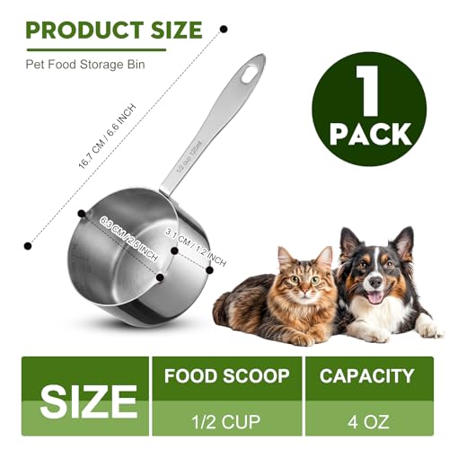 Dog Food Scoop 1/2 Cup Stainless Steel Measuring Cups Metal Pet Scooper with Inner Precision Scale Measurement for Wet Dry Dog Food (1/2 CUP) - size: 1/2 CUP