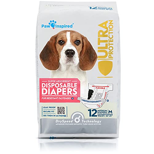 Paw Inspired Disposable Dog Diapers | Female Dog Diapers Ultra Protection | Diapers for Dogs in Heat, Excitable Urination, or Incontinence (12 Count, Medium) - size: Medium (12 Count)