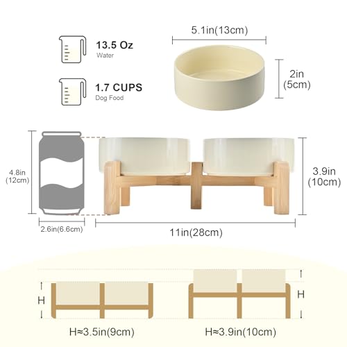 SPUNKYJUNKY Elevated Dog Bowls Ceramic, 5.1'' Dogs and Cat Food Water Bowls Raised with Non-Slip Bamboo Stand for Puppy Small Sized Breed Microwave Dishwasher Safe - 13.5 OZ,Beige - color: Beige, size: 5.1 in - 1.7 cups