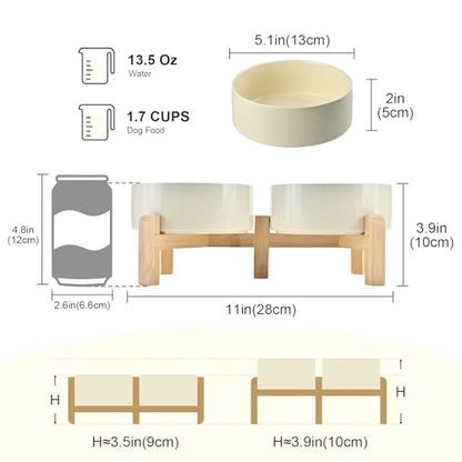 SPUNKYJUNKY Elevated Dog Bowls Ceramic, 5.1'' Dogs and Cat Food Water Bowls Raised with Non-Slip Bamboo Stand for Puppy Small Sized Breed Microwave Dishwasher Safe - 13.5 OZ,Beige - color: Beige, size: 5.1 in - 1.7 cups