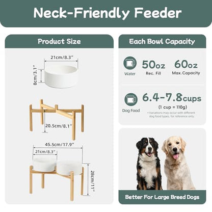 Havniva 8.3” Dog Bowls Elevated Ceramic Dog Food and Water Bowl Set, Double Raised Dog Water Bowl with Stand Non-Slip Rubber Base Large Capacity Feeding Pet Food Bowl for Large Dogs - color: Matte White - 2 Bowls+Stand, size: 8.3 Inch