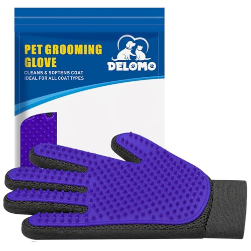 DELOMO Pet Hair Remover Glove - Gentle Pet Grooming Glove Brush - Deshedding Glove - Massage Mitt with Enhanced Five Finger Design - Perfect for Dogs & Cats with Long & Short Fur - 1 Pack, Purple - color: Purple