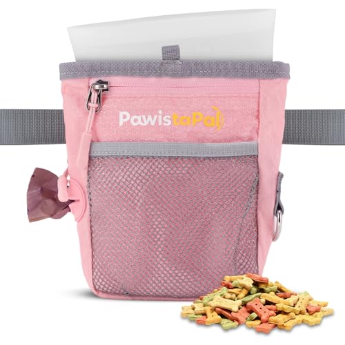 Dog Treat Pouch for Pet Training, One-Hand Magnetic Closure, Hands-Free Treat Bag with Silicone Liner, No Mess No Smell - color: Pink