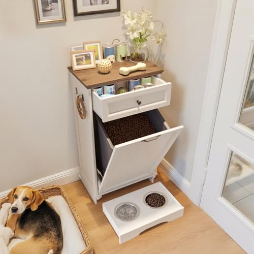 FIMELLO 21 ''WX 13''DX39''H Dog Feeding Station with 2 Feeding Bowls, Tilt-Out Dog Food Storage Cabinet with Drawer,Pet Feeder Cabinet,White Grain - color: White Grain, size: 21 inches