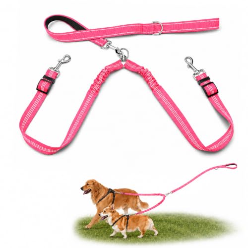 Double Dog Leash for Two Dogs, Complete Set with 31.5" Main Leash + Adjustable Splitter, Padded Handle, D-Ring, 360° Swivel, Shock-Absorbing Bungee, Reflective for Small Medium Large Dogs (Pink) - color: Pink