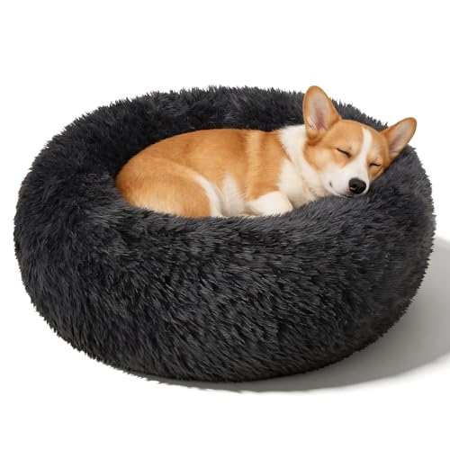 Dog Bed Calming Beds for Small Medium Large Dogs - Round Donut Washable Puppy Dog Bed, Anti-Slip Faux Fur Fluffy Donut Cuddle Anxiety Cat Pet Bed(32'' Black) - color: Black, size: 32"L x 32"W x 8"Th