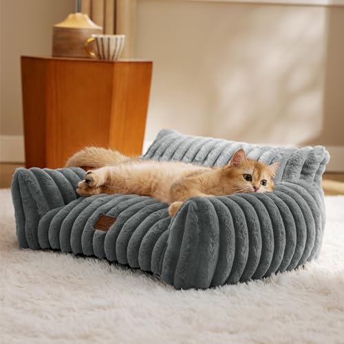 Bedsure ComfyFleece Cat Couch for Pets - Fluffy Cat Sofa with Premium Soft Corduroy Fleece, Fluffy Pet Couch Bed with Removable Washable Cover, Supportive Pet Chair for Indoor Cats, 24inch, Warm Grey - color: Warm Grey, size: 24x18x10"