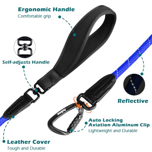 PetBonus Rope Dog Leash, 5 FT Heavy Duty Pet Nylon Leash with Auto Locking Aviation Aluminum Carabiner, Comfortable Padded Handle, Reflective Walking Training Lead for Medium Large Breeds (Blue) - color: Blue