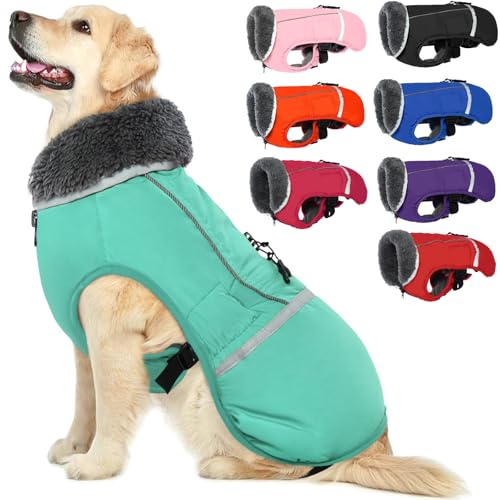 QBLEEV Warm Dog Coat - Waterproof Reflective Jacket, Thick Fleece Dog Snowsuit Christmas Vest for Cold Weather, Small to Large Dogs - color: Turquoise, size: Small