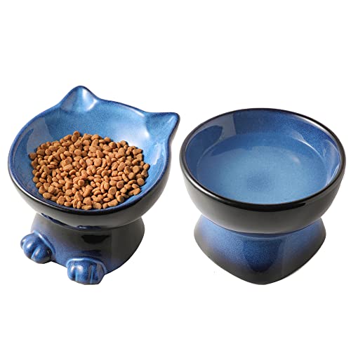 Nihow Elevated Cat Bowls,6 Inch Ceramic Raised Cat Food and Water Bowl Set | Slanted,Whisker Friendly,for Protecting Pet's Spine,Microwave & Dishwasher Safe ,Elegant Blue & Black,6.8 OZ - color: Blue & Black, size: 6.8 OZ+15.5 OZ