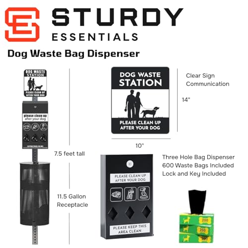 Complete Premium Dog Waste Station with 11.5 Gallon Pet Waste Bin, Trash Receptacle, Weatherproof, Stainless Steel, Easy Bag System Includes 300 Dog Waste Bags & 25 Liners - Black - color: Black 2