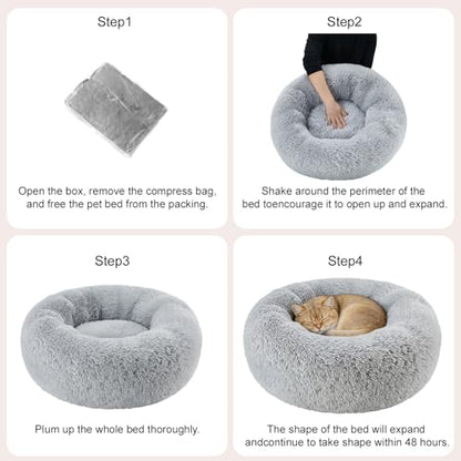 Dog Bed Calming Beds for Small Medium Dogs - Round Donut Washable Dog Bed, Anti-Slip Faux Fur Fluffy Donut Cuddler Anxiety Cat Bed(Light Grey 24") - color: Light Gray, size: 24"L x 24"W x 8"Th