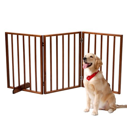 3-Panel Dog Gate for Stairs, Pet Gate Indoor, 24" Height Dog Fence with 2 Support Feet, Foldable & Well-Ventilated, No Assembly Required, Wood Stair Gates for Small to Medium-Sized Pet Breeds, Brown - size: 3-panel