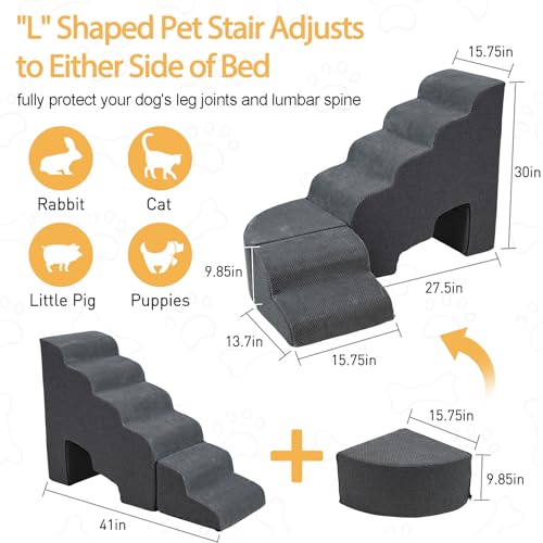 Dog Stairs for High Beds up to 30-36inch, A.FATI 6 Tiers Dog Steps Pet Stairs Adjust to Left Side of Bed, Non-Slip Pet Ramp for Small Dogs/Old Pets - color: Dark Grey L-shape 30" H
