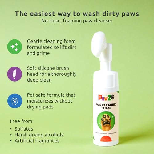Protex PawZ No-Rinse Foaming Paw Cleanser for Dogs - Moisturizing, Fragrance-Free with Silicone Brush