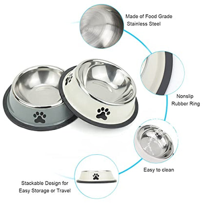 Stainless Steel Dog Bowls, Food and Water Non Slip Anti Skid Stackable Pet Puppy Dishes for Small, Medium and Large Dogs (2 Pack) - color: White & Grey, size: 1.5 Cup/12 oz