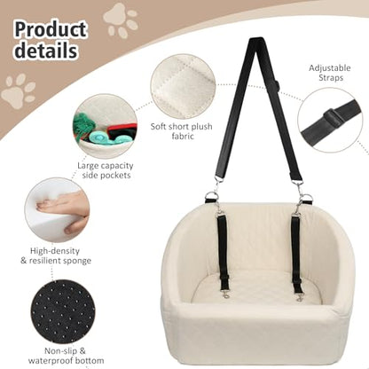 NEEZUKAR Dog Car Seat for Small Medium Dogs,Detachable Washable Dog Booster Seat Under 30lbs, Pet Car Seat Travel Bed with Storage Pockets and Dog Safety Belt (White) - color: White