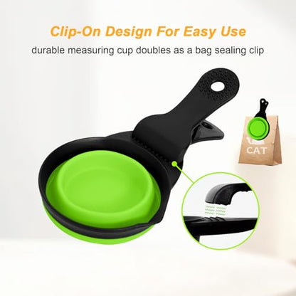 Collapsible Dog Food Scoop Foldable Pet Food Bag Clip 3 in 1 Multi-function Silicone Cat Food Measuring Cup Scoop Dog Food Scooper Pet Food Storage Clip (Green, 1 Cup Capacity(1 Pack)) - color: Green, size: 1 Cup Capacity(1 Pack)