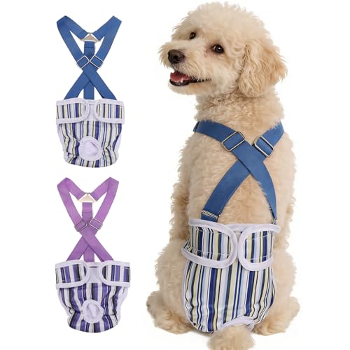 Washable Female Dog Diapers with Suspender, Reusable Dog Diapers Absorbent Leakproof(Striped Purple/Striped Blue XS, 2Pcs), Intended for Female in Heat Cycle - color: Striped Purple/Striped Blue, size: XS