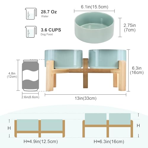SPUNKYJUNKY Elevated Dog Bowls Ceramic, 6.1'' Dogs and Cat Food Water Bowls Raised with Non-Slip Bamboo Stand for Medium Sized Breed Microwave Dishwasher Safe - 28.7 OZ,Light Green - color: Light Green, size: 6.1 in - 3.6 cups