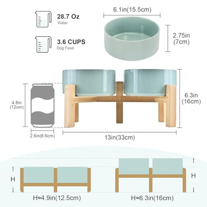 SPUNKYJUNKY Elevated Dog Bowls Ceramic, 6.1'' Dogs and Cat Food Water Bowls Raised with Non-Slip Bamboo Stand for Medium Sized Breed Microwave Dishwasher Safe - 28.7 OZ,Light Green - color: Light Green, size: 6.1 in - 3.6 cups