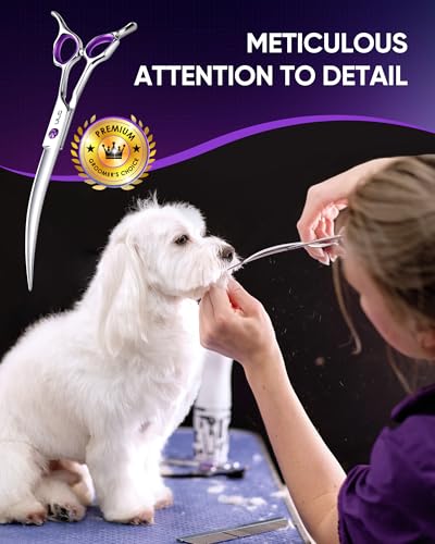 ULG 30° Curved Dog Grooming Scissors 440C Stainless Steel, 7.5" Professional Pet Grooming Shears with Reversible Butterfly Handles, Dog Scissors for Grooming Face, Eyes, Paws & Body - size: 7.5" Curved (440C)