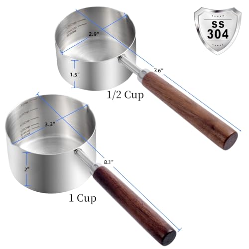 Kichwit Dog Food Scoop, 1 Cup and 1/2 Cup, 304 Stainless Steel Pet Food Scoop Measuring Cup with Wooden Handle, Set of 2 - size: 1 Cup + 1/2 Cup