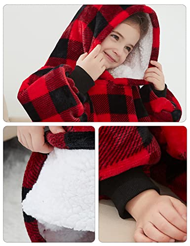 KFUBUO Wearable Blanket Hoodie for Kids Toddlers Sherpa Blanket Sweatshirt With Pocket Cute Hoodies 2-6 Year Old Girl Boy Red Plaid - color: Red Plaid, size: Kids 2-6YR