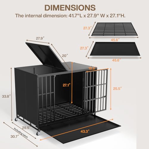 LEMBERI 42 inch Heavy Duty Indestructible Dog Crate, High Anxiety Extra Large Dog Cage for Large Dogs, XL Steel Escape Proof Dog Kennel with Wheels and Removable Tray - color: Black, size: 43.3"L x 30.7"W x 33.8"H