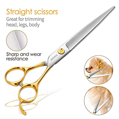 Dog Grooming Scissors Kit 4pcs 7 inch Professional Dog Grooming Shears Set Curved Thinning Straight Chunkers for Dogs Cat Pets (7 in Kit, Gold) - size: 7 inch, style: Kit