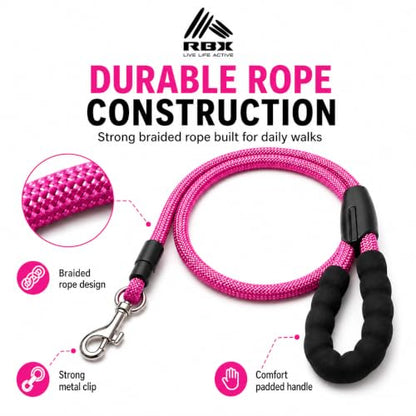 RBX Rope Dog Leash Set, 5 ft Padded Handle Leash for Small/Medium Dogs with 360° Swivel Clip, Poop Bag Dispenser, 20 Waste Bags, Durable Walking Lead for Daily Use - color: Pink