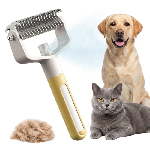 Pet Pro Grooming Tool, 2026 Upgraded Undercoat Rake with Spray Bottle, Ergonomic Dematting Brush for Long-Haired Dogs & Cats, Extra Wide Hair Shedding Comb for Home Pet Grooming (Yellow) - color: Yellow