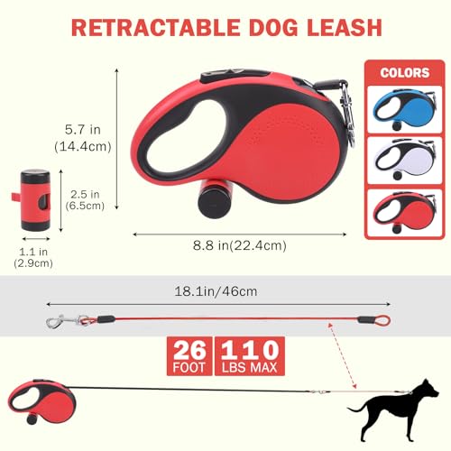 SCENEREAL Retractable Dog Leash for Small Medium Large Dogs up to 110lbs, 26ft 360° Tangle-Free Nylon Tape with Anti-Chewing Wire Rope&Waste Bag Dispenser, Heavy Duty Long Durable One-Handed Brake - color: Chew Proof (Black & Red /26ft)