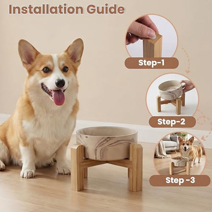 hjn Elevated Ceramic Dog Bowl with Bamboo Stand, Raised Pet Feeding Station for Small Medium Dogs Cats, Modern Design with Anti-Slip Base (Marble Brown, 3.6Cup) - color: Marble Brown, size: 3.6Cup